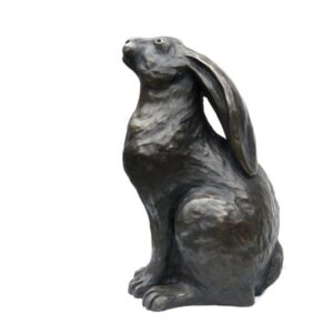 Bronze moon gazing hare sculpture sitting upright looking upwards with long ears and textured surface detail