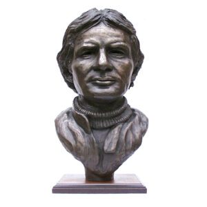 Gilles Villeneuve bronze bust sculpture showing detailed portrait and intense expression