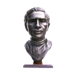 Jim Clark bronze bust sculpture by Peter Close showing calm expression and detailed portrait