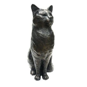 Bronze cat sculpture Percy sitting with eyes closed in a peaceful resting pose showing calm expression and soft form